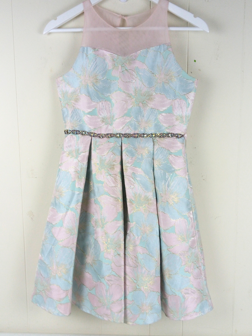 Rare Editions Girls' Floral Mesh Yoke Party Dress - Pink & Light Blue Formal 14